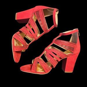 Vince Camuto Red Rose Strappy Suede Block Heels
